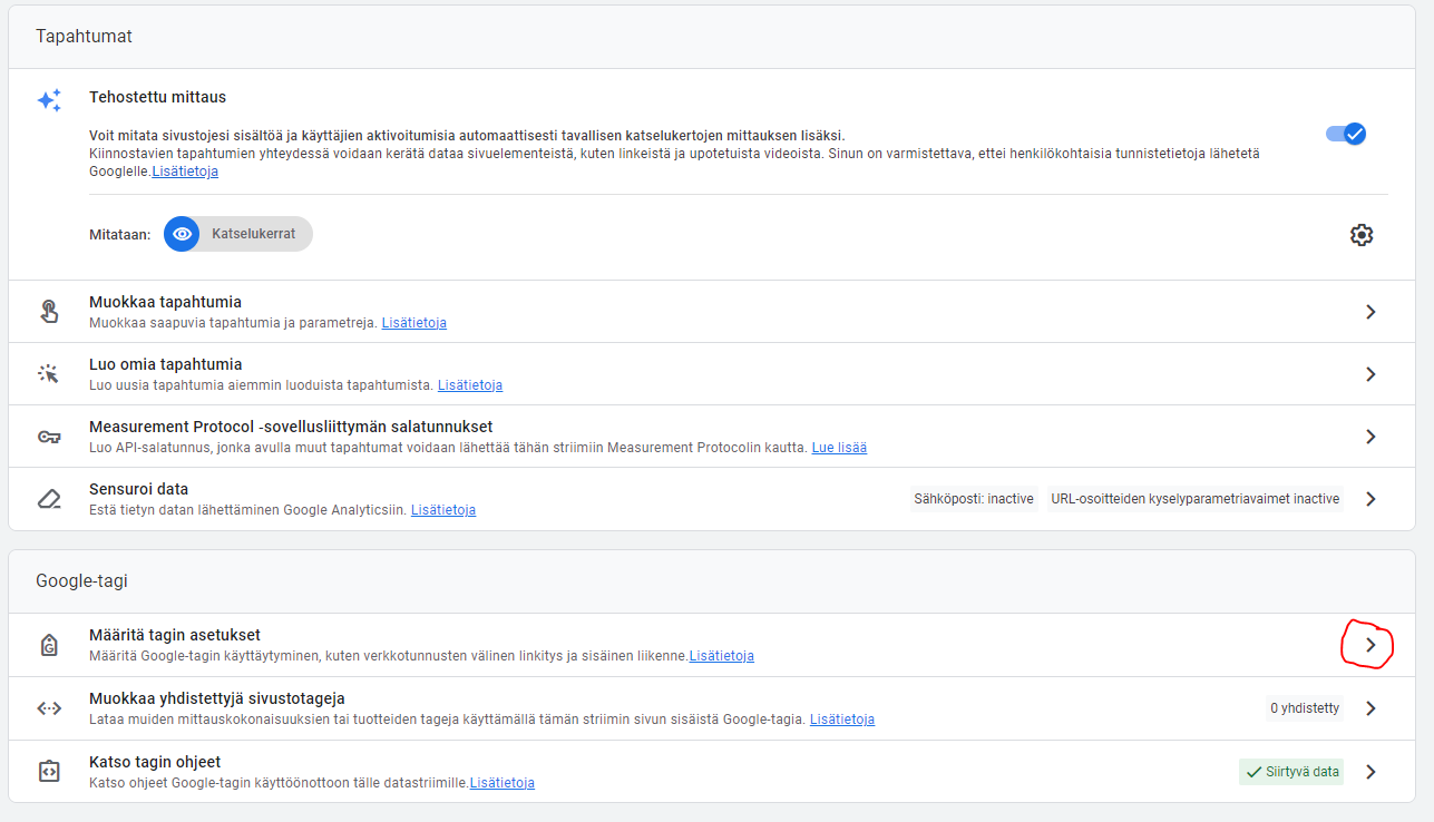Määritä-datatriimit-tagin-asetukset