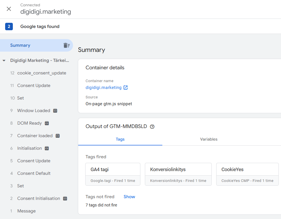 Google Tag Manager testaustyökalu