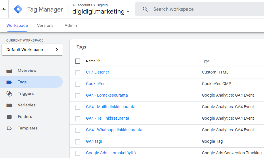 Google Tag Manager -määritykset