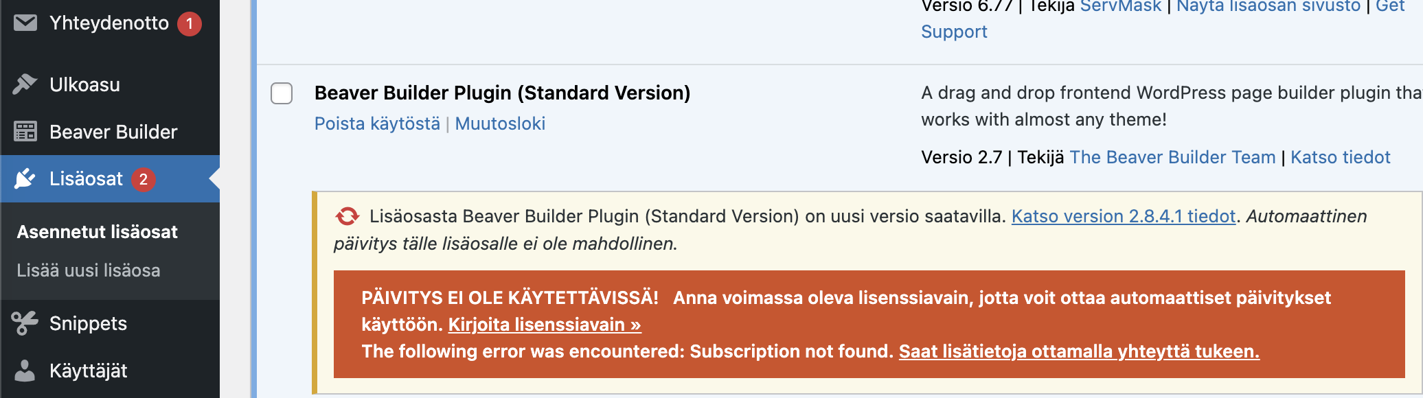 Lisäosien virheilmoitus
