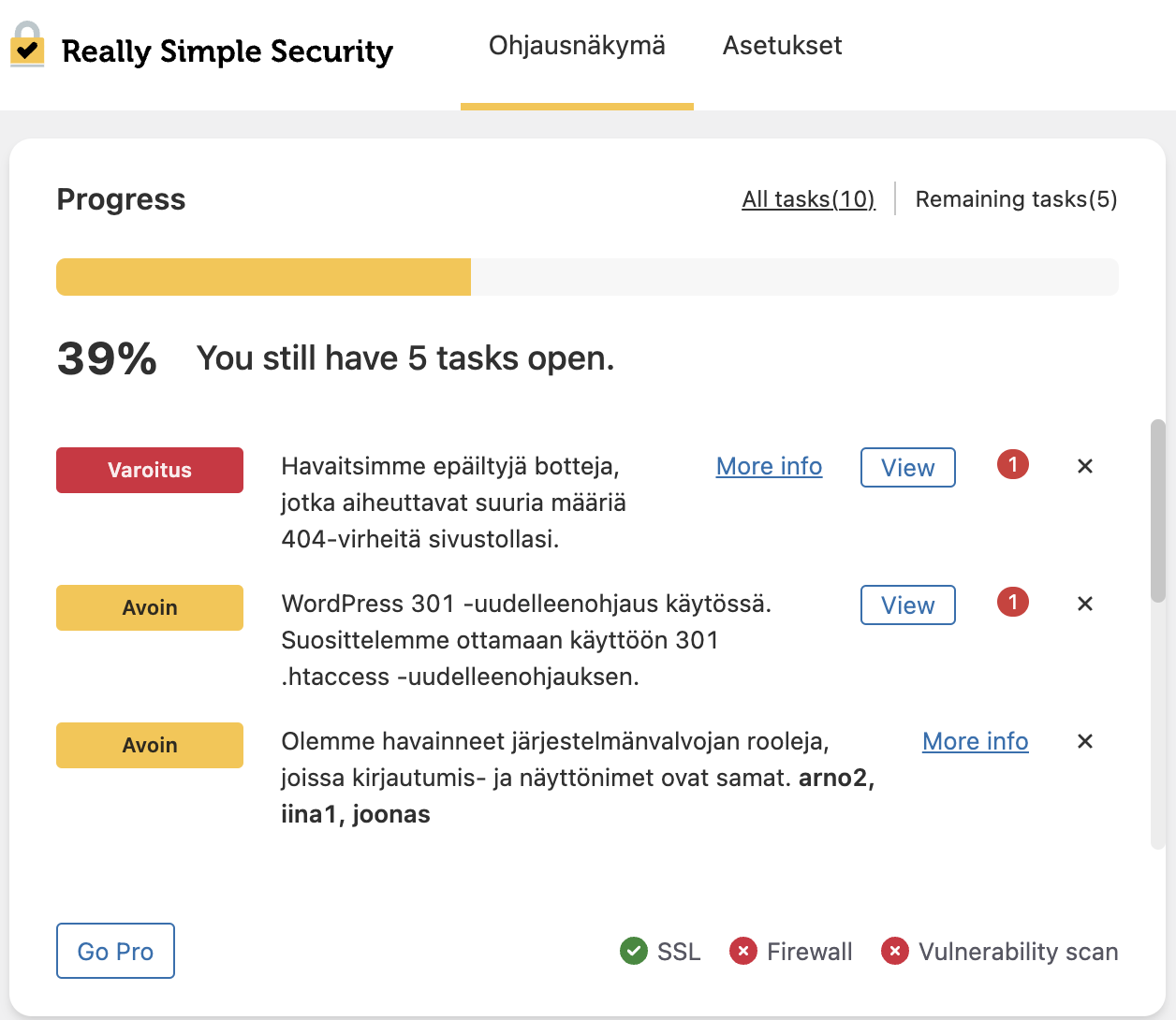 Esimerkki Really Simple Security tietoturvaohjelmasta